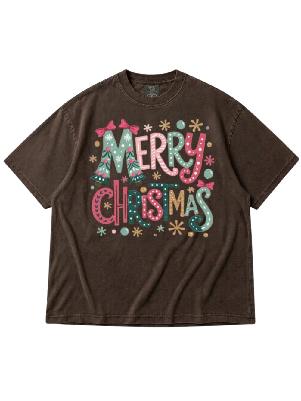 Comfort Colors Espresso Merry Christmas Graphic Tee with Pastel Holiday Print